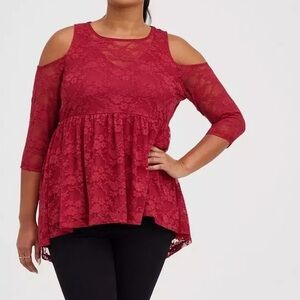 Torrid Red Babydoll Lace Cold Shoulder Top Blouse 4X